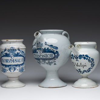 A blue and white pharmacy jar and two syrup jars or wet drug jars, Delft and Nevers, 18th C.