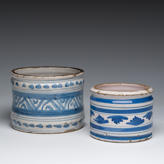 Two blue and white albarelli with geometric design, the Netherlands, 17th C. and later