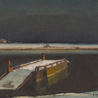 Piet Lippens (1890-1981): View of the ferry in wintertime, oil on canvas