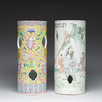 Two Chinese reticulated famille rose and qianjiang cai hat stands with figures in a landscape and floral design, 19th/20th c.