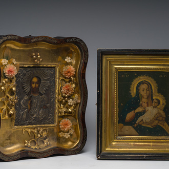 Two Russian orthodox 'Our Lady' and 'Christ Pantocrator' icons, 19th/20th C.