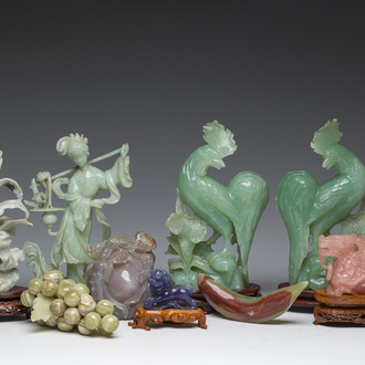 Nine Chinese hardstone sculptures, a.o. jade and quartz, 19th/20th C.