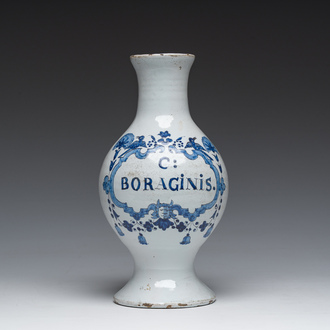 A blue and white 'Boraginis' pharmacy jar, probably the Southern Netherlands, 18th C.