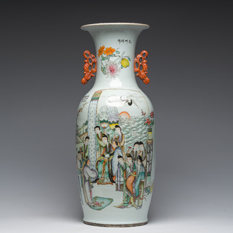 A Chinese qianjiang cai double design vase with an audience and a bird among blossoming branches, 19th/20th C.