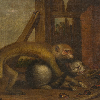 Flemish school: To pull the chestnuts out of the fire, oil on canvas, second half 18th C.