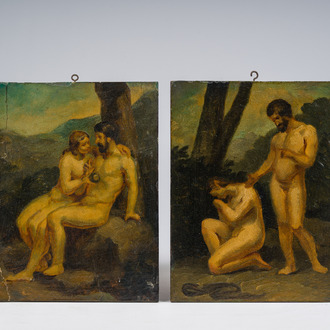 French school, in the manner of Jean Jacques Henner (1829-1905): Adam and Eve in the Garden of Eden, oil on panel, 19th/20th C.