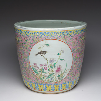 A Chinese famille rose jardinière with birds among blossoming branches and floral design, 19th C.
