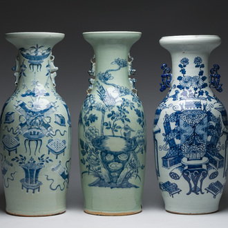 Three Chinese blue and white celadon ground vases with antiquities and birds among blossoming branches, 19th/20th C.
