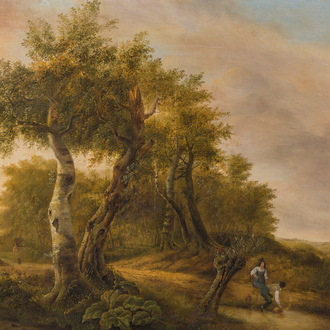 Pierre Jean Hellemans (1787-1845, attribué à): Paysage animé avec un couple au bord d'un étang, huile sur toile, 19ème siècle