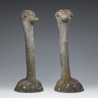 A pair of decorative stone 'ostrich' garden statues, 20th C.