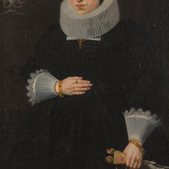 Flemish school: Portrait of Marie Elias de Dixmude, wife of Laurent Thibault, oil on canvas marouflated on board, 17th C.