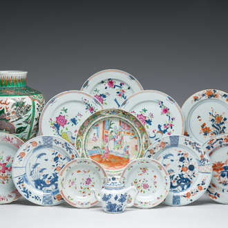 A varied collection of Chinese famille rose, famille verte and blue and white porcelain, 18th C. and later
