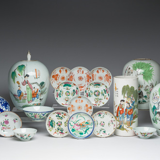 A varied collection of Chinese famille rose, qianjiang cai and blue and white porcelain, Qianlong and later