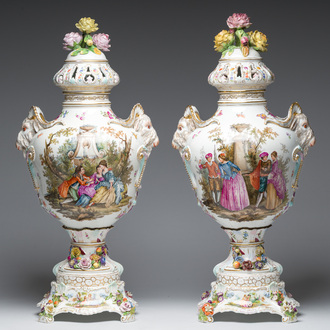 A pair of large vases and covers in polychrome decorated Saxon porcelain with gallant scenes, Potschappel, Carl Thieme, Dresden, late 19th C.