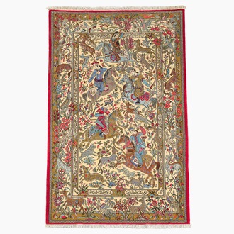 A Persian Qom (Qum/Ghom) rug with a hunting scene, signed Beheshti, wool on cotton, 20th C.