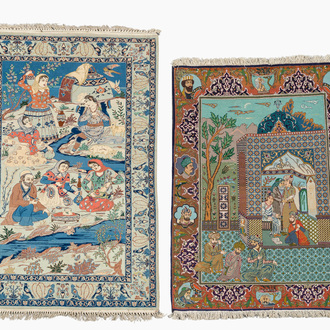 Two Persian rugs with narrative design, Tabriz and Isfahan, wool on cotton, 20th C.