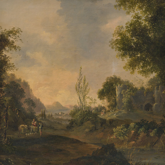 École française: Paysage animé à l'italienne avec ruines de château, huile sur toile, 19ème siècle