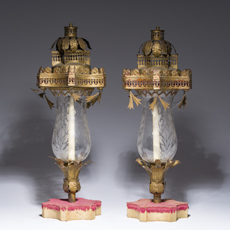 A pair of brass and etched glass photo lamps or lanterns, 18th C. and later