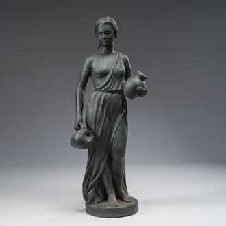 A patinated lead garden statue of a lady with water jugs in her hand, 19th/20th C.