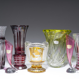 Seven partly coloured overlay cut crystal vases, mainly Val Saint Lambert, Belgium, 20th C.