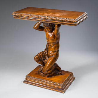 An Italian wooden console table in the shape of a kneeling man carrying a panel, second half 20th C.