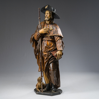 A Spanish carved and polychrome decorated wooden 'Saint Roch and his dog' group, 17th/18th C.