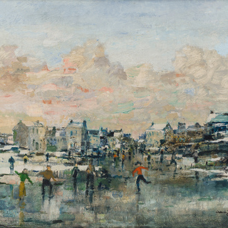 Albert Saverys (1886-1964): Winter landscape with skaters, oil on canvas