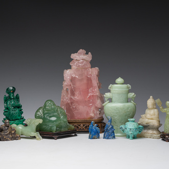 Eleven Chinese hardstone sculptures, a.o. jade, quartz, turquoise, malachite and lapis lazuli, 19th/20th C.