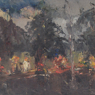 Frédéric de Smet (1876-1948): 'Le jet d'eau (au jardin)', oil on painter's board