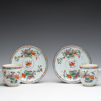 Two Chinese famille verte cups and saucers with floral design, Qianlong