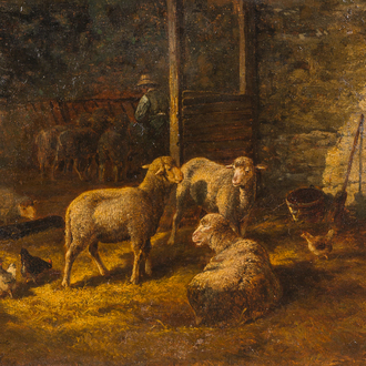 Charles Jacques (1879–1959): Sheep resting in a barn, oil on canvas