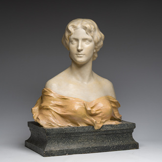 Charles Van De Waele (19th/20th C): Bust of a lady on a pedestal, polychrome decorated plaster, dated 1909