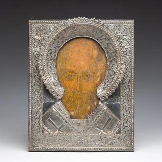 A Russian orthodox 'Saint Nicholas' icon with a silver oklad or riza, Yaroslavl, 18th C.