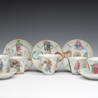 Five Chinese famille rose 'Wu Shuang Pu' cups and saucers, Daoguang marks, 19th C.