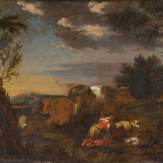 Dutch school: A shepherdess and her flock in a landscape, oil on canvas, ca. 1700