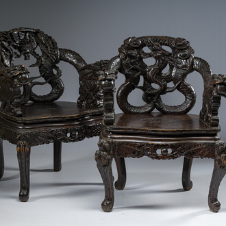 A pair of Japanese carved wooden 'dragon' chairs, Meiji, 19th/20th C.