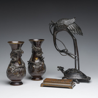 A pair of Japanese bronze vases with dragon relief design, a 'crane and turtle' joss stick holder and a stamp box, Meiji and later, 19th/20th C.