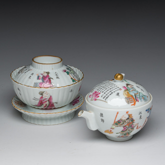 A Chinese famille rose bowl and cover on stand and a teapot and cover with 'Wu Shuang Pu' design, Daoguang marks, 20th C.