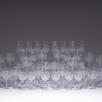 A French 48-piece collection of colourless crystal glasses with etched design, Bayel, 20th C.