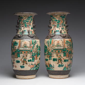 A pair of Chinese Nanking crackle glazed famille verte 'warrior' vases, 19th C.