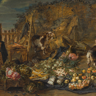 Jan van Kessel (ca. 1620-1661): A still life of cabbages, carrots, asparagus, etc., together with two goats and three rabbits, oil on panel