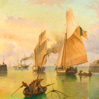 École belge, monogrammé AFT (19ème/20ème siècle): Vue animée d'un chenal de navigation, huile sur toile