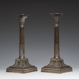 A pair of English silver Corinthian column-shaped candlesticks, maker's mark James Dixon & Sons, Sheffield, dated 1906
