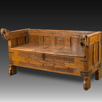 A North Indian carved wooden bridal chest with floral design and horses, Rajasthan, 20th C.