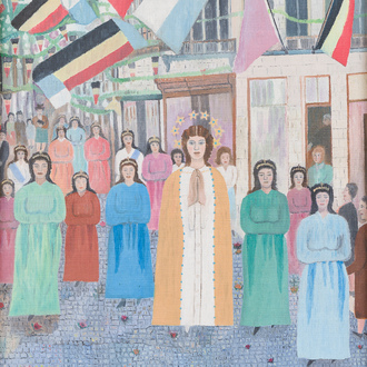 Victor Felix Lecossois (1897-1976): Procession de la Vierge Marie, probablement la procession de Marie à Halle, huile sur toile