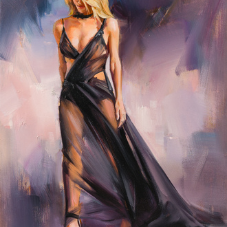 Dominic (1962): Lady in a black evening dress/Elegance, oil on canvas