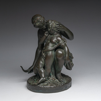 French school, follower of James Pradier (1790-1852): Venus and Cupid, green patinated bronze, 19th C.