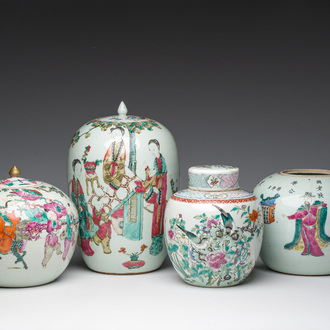Four Chinese famille rose and qianjiang cai jars with animated scenes and floral and 'Wu Shuang Pu' design, 19th/20th C.