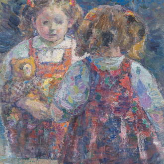Corneel Lodewijk Pieter Van Gorp (1932-2008): Girl with her teddy bear in front of a mirror, oil on canvas