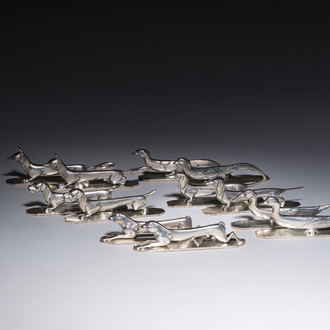 Six pairs of animal-shaped silver-plated metal cutlery rests, Wiskemann, Belgium, 20th C.